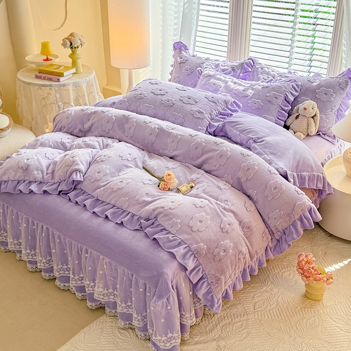 91家纺网 家纺一手货源 找家纺 唐人居 2025新款雕花花边兔毛绒床裙四件套 花儿朵朵-紫色