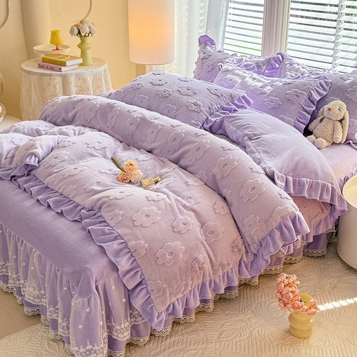 91家纺网 家纺一手货源 找家纺 唐人居 2025新款雕花花边兔毛绒床裙四件套 花儿朵朵-紫色