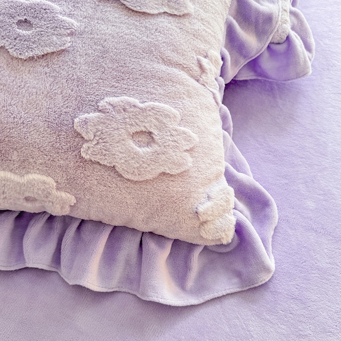 91家纺网 家纺一手货源 找家纺 唐人居 2025新款雕花花边兔毛绒床裙四件套 花儿朵朵-紫色