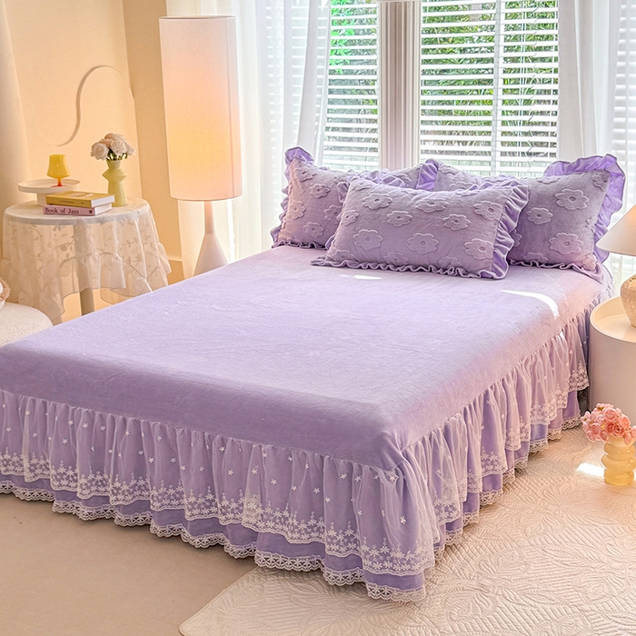 91家纺网 家纺一手货源 找家纺 唐人居 2025新款雕花花边兔毛绒床裙四件套 花儿朵朵-紫色