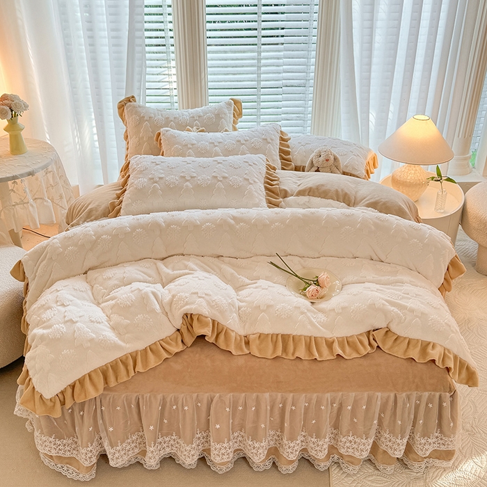 唐人居 2025新款雕花花边兔毛绒床裙四件套 小树林-奶白