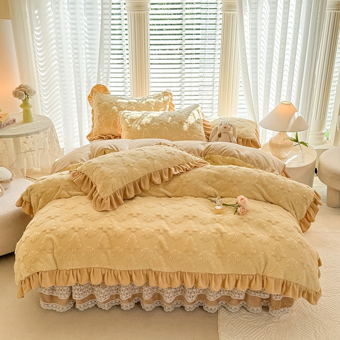 唐人居 2025新款雕花花边兔毛绒床裙四件套 小树林-奶黄