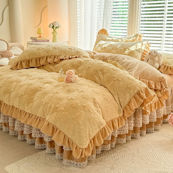 91家纺网 家纺一手货源 找家纺 唐人居 2025新款雕花花边兔毛绒床裙四件套 小树林-奶黄