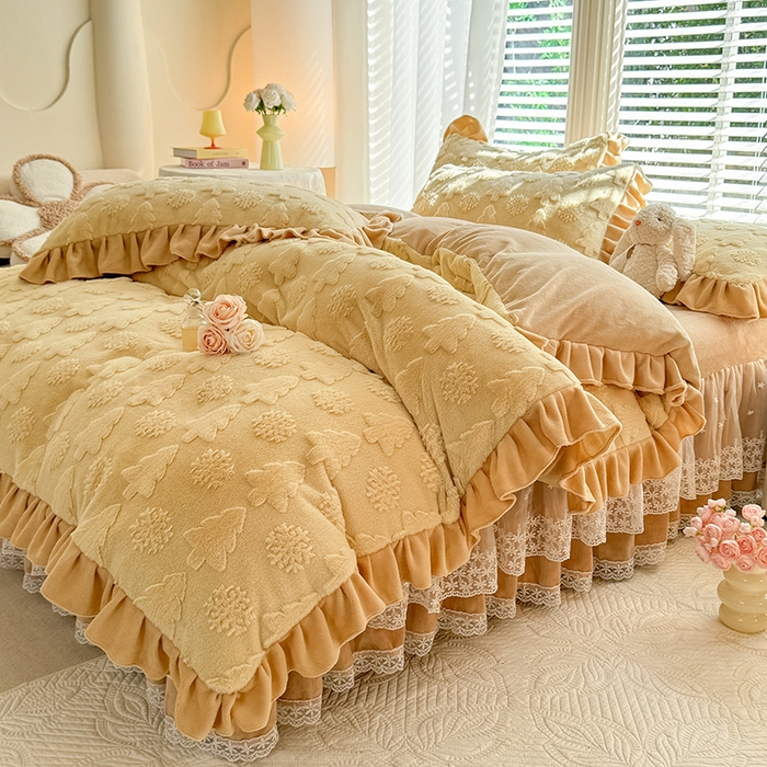 91家纺网 家纺一手货源 找家纺 唐人居 2025新款雕花花边兔毛绒床裙四件套 小树林-奶黄