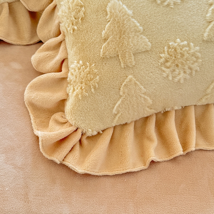 91家纺网 家纺一手货源 找家纺 唐人居 2025新款雕花花边兔毛绒床裙四件套 小树林-奶黄