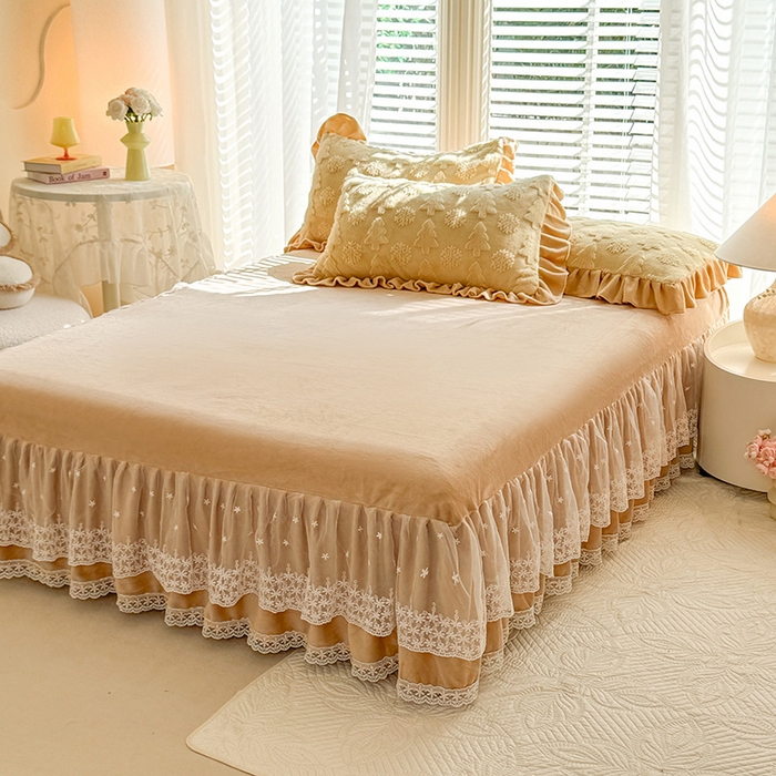 91家纺网 家纺一手货源 找家纺 唐人居 2025新款雕花花边兔毛绒床裙四件套 小树林-奶黄