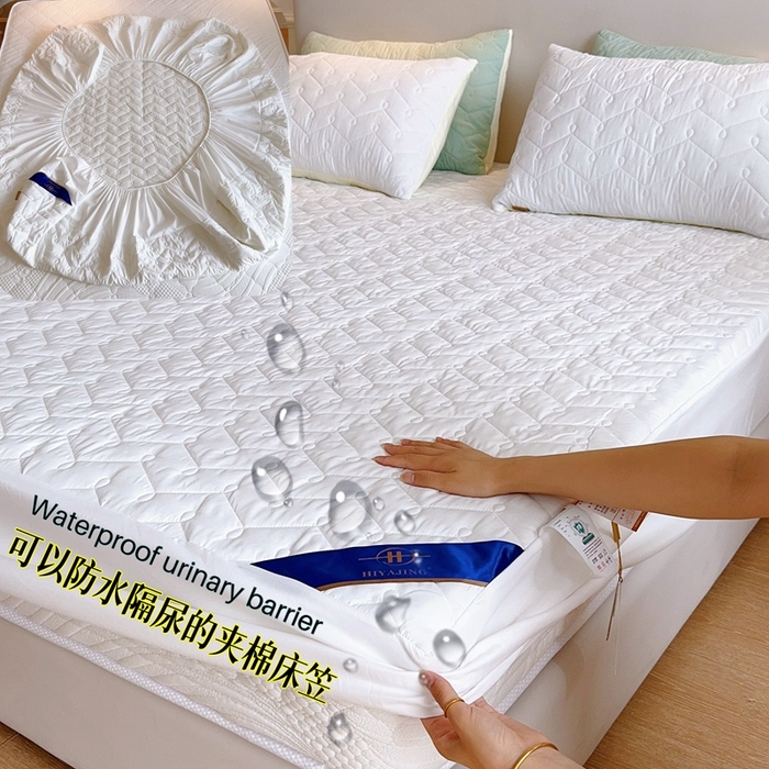 兜米2025新品供跨境外贸A类防水隔尿夹棉床笠加厚席梦思床垫保护罩 本白