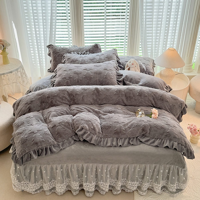 唐人居 2025新款雕花花边兔毛绒床裙四件套 小树林-浅灰