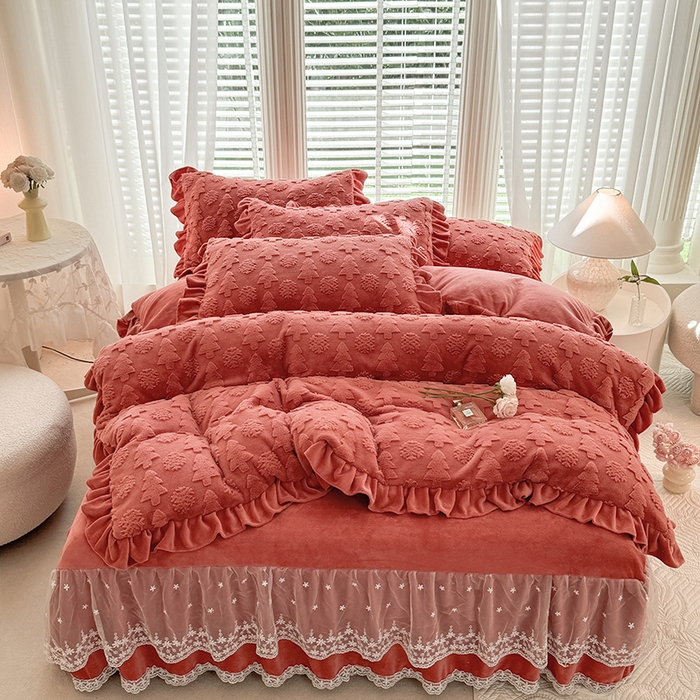 唐人居 2025新款雕花花边兔毛绒床裙四件套 小树林-深红