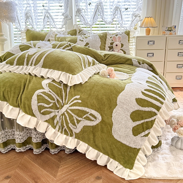 91家纺网 家纺一手货源 找家纺 唐人居 2025新款高克重阳离子绒花边雕花套件 蝴蝶-草绿