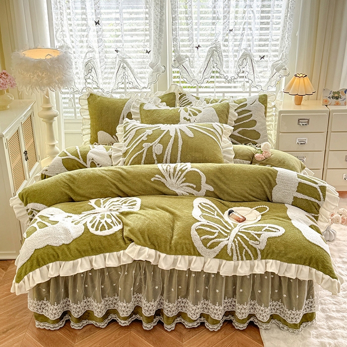 91家纺网 家纺一手货源 找家纺 唐人居 2025新款高克重阳离子绒花边雕花套件 蝴蝶-草绿