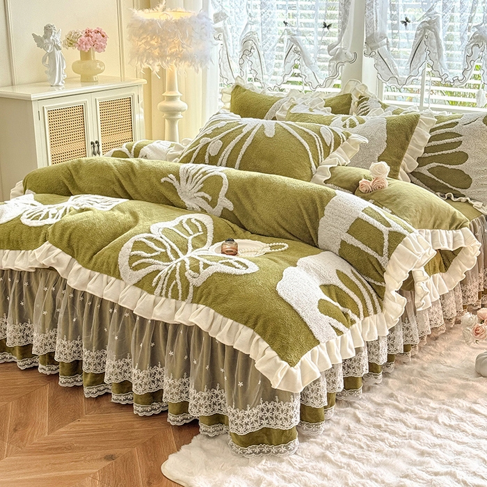 91家纺网 家纺一手货源 找家纺 唐人居 2025新款高克重阳离子绒花边雕花套件 蝴蝶-草绿