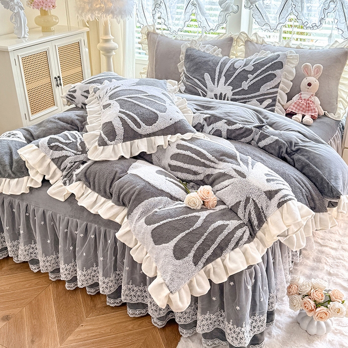 唐人居 2025新款高克重阳离子绒花边雕花套件 蝴蝶-灰色