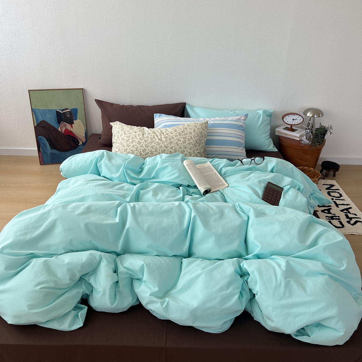 91家纺网 家纺一手货源 找家纺 蜜宿 2025新款混搭全棉水洗棉四件套-薄巧椰奶 薄巧椰奶（枕套-条纹+繁花）