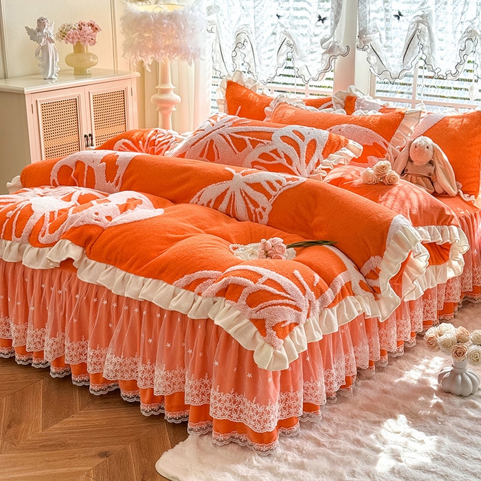 91家纺网 家纺一手货源 找家纺 唐人居 2025新款高克重阳离子绒花边雕花套件 蝴蝶-暖橘