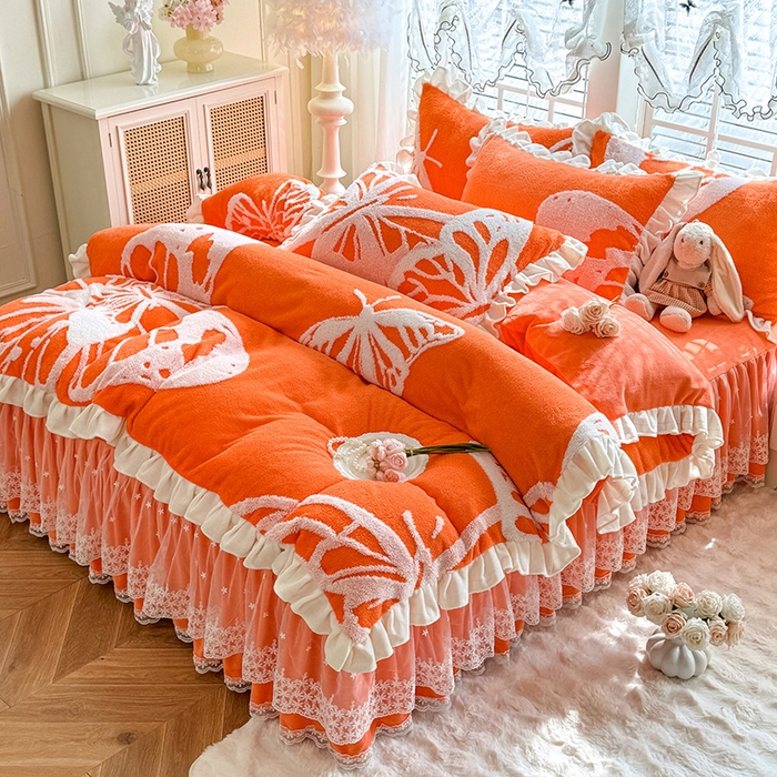 91家纺网 家纺一手货源 找家纺 唐人居 2025新款高克重阳离子绒花边雕花套件 蝴蝶-暖橘