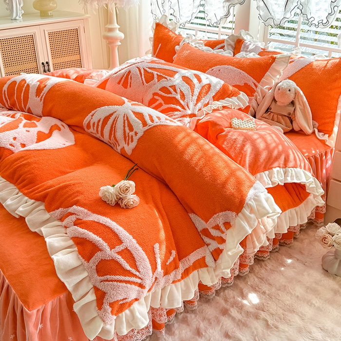 91家纺网 家纺一手货源 找家纺 唐人居 2025新款高克重阳离子绒花边雕花套件 蝴蝶-暖橘