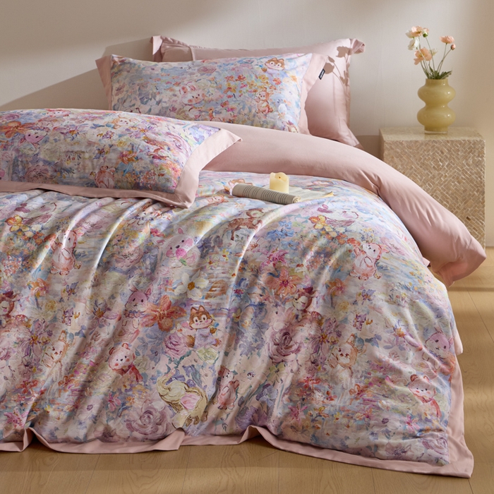 禾时 2025新款全棉纯棉贡缎数码50双股长绒棉磨毛四件套（带高档礼盒） 动物派对（粉）