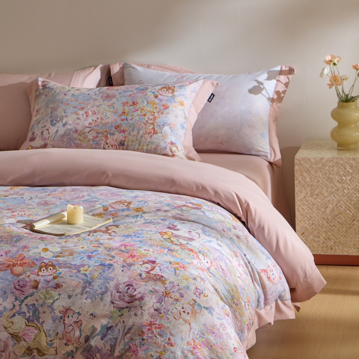 91家纺网 家纺一手货源 找家纺 禾时 2025新款全棉纯棉贡缎数码50双股长绒棉磨毛四件套（带高档礼盒） 动物派对（粉）