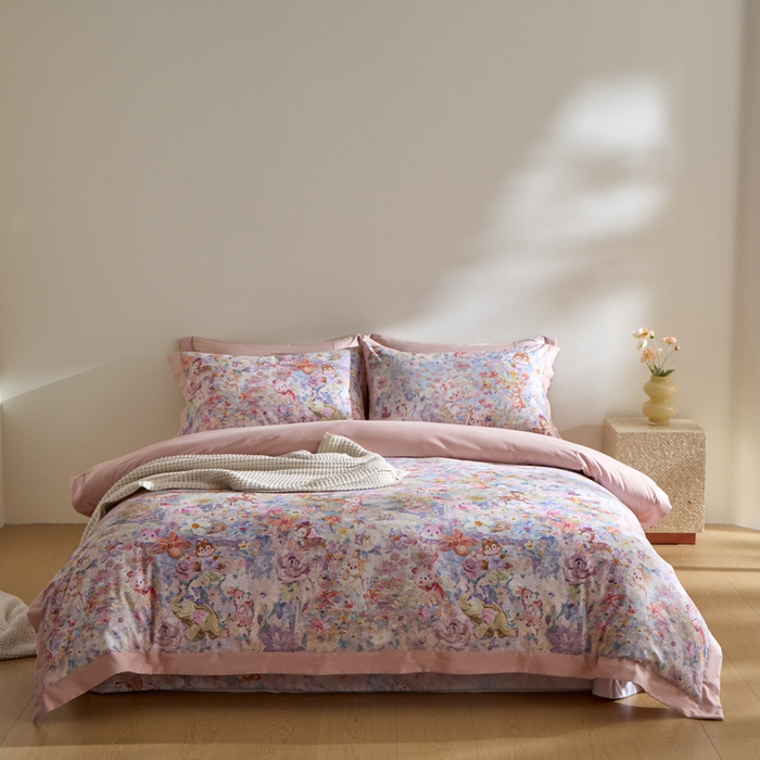 91家纺网 家纺一手货源 找家纺 禾时 2025新款全棉纯棉贡缎数码50双股长绒棉磨毛四件套（带高档礼盒） 动物派对（粉）