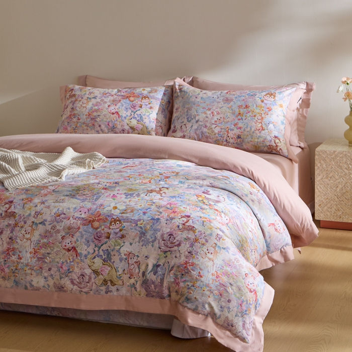 91家纺网 家纺一手货源 找家纺 禾时 2025新款全棉纯棉贡缎数码50双股长绒棉磨毛四件套（带高档礼盒） 动物派对（粉）