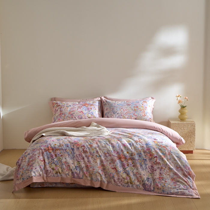 91家纺网 家纺一手货源 找家纺 禾时 2025新款全棉纯棉贡缎数码50双股长绒棉磨毛四件套（带高档礼盒） 动物派对（粉）