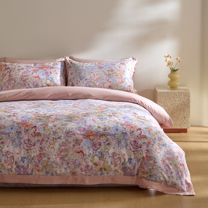 91家纺网 家纺一手货源 找家纺 禾时 2025新款全棉纯棉贡缎数码50双股长绒棉磨毛四件套（带高档礼盒） 动物派对（粉）