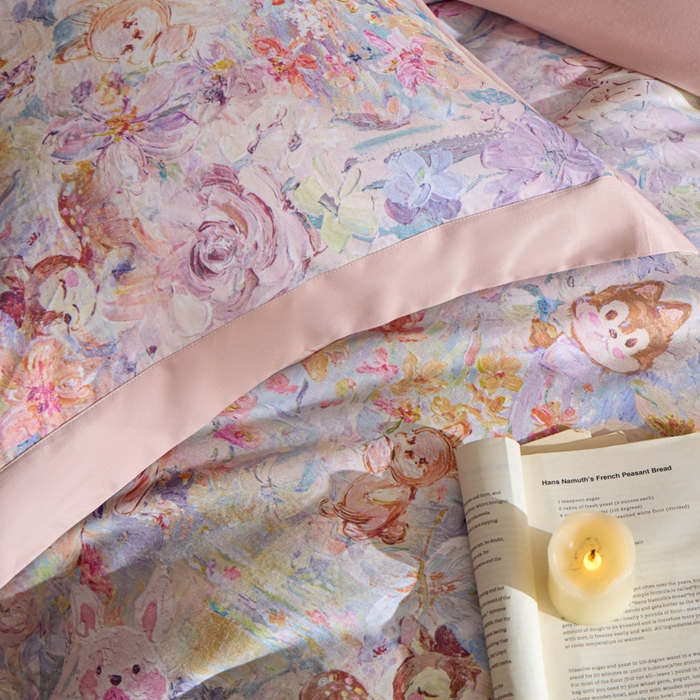 91家纺网 家纺一手货源 找家纺 禾时 2025新款全棉纯棉贡缎数码50双股长绒棉磨毛四件套（带高档礼盒） 动物派对（粉）