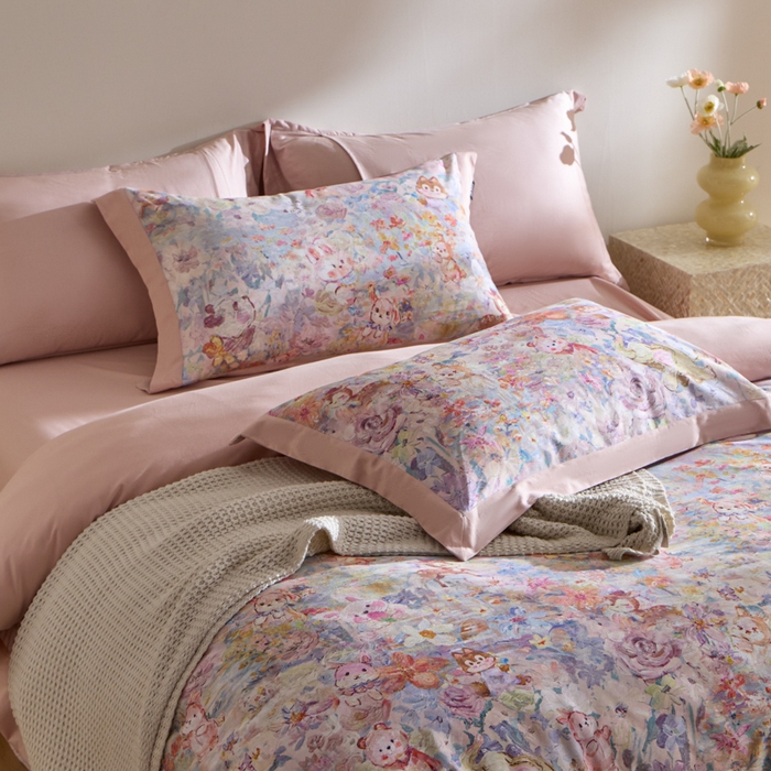 91家纺网 家纺一手货源 找家纺 禾时 2025新款全棉纯棉贡缎数码50双股长绒棉磨毛四件套（带高档礼盒） 动物派对（粉）