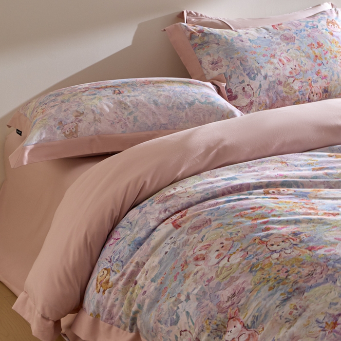 91家纺网 家纺一手货源 找家纺 禾时 2025新款全棉纯棉贡缎数码50双股长绒棉磨毛四件套（带高档礼盒） 动物派对（粉）