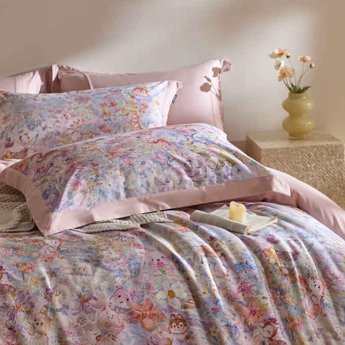 91家纺网 家纺一手货源 找家纺 禾时 2025新款全棉纯棉贡缎数码50双股长绒棉磨毛四件套（带高档礼盒） 动物派对（粉）