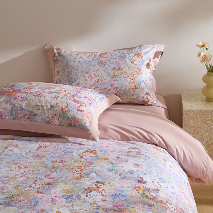 91家纺网 家纺一手货源 找家纺 禾时 2025新款全棉纯棉贡缎数码50双股长绒棉磨毛四件套（带高档礼盒） 动物派对（粉）