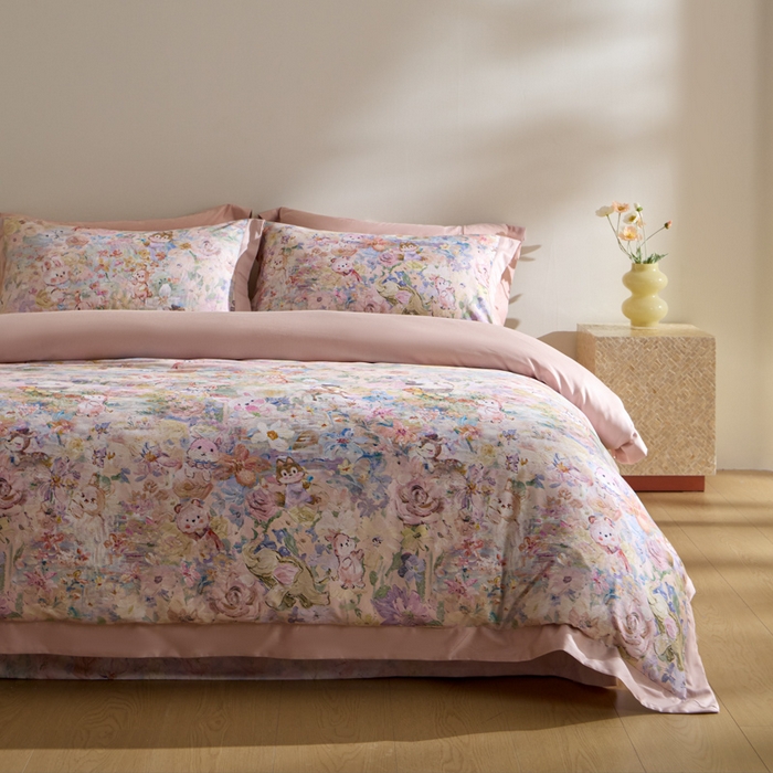 91家纺网 家纺一手货源 找家纺 禾时 2025新款全棉纯棉贡缎数码50双股长绒棉磨毛四件套（带高档礼盒） 动物派对（兰）