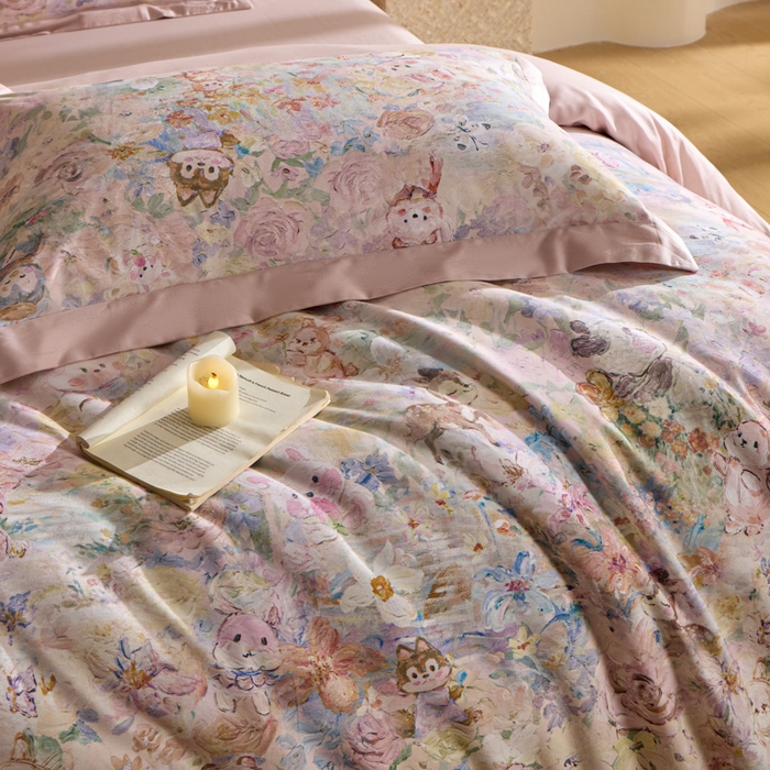 91家纺网 家纺一手货源 找家纺 禾时 2025新款全棉纯棉贡缎数码50双股长绒棉磨毛四件套（带高档礼盒） 动物派对（兰）