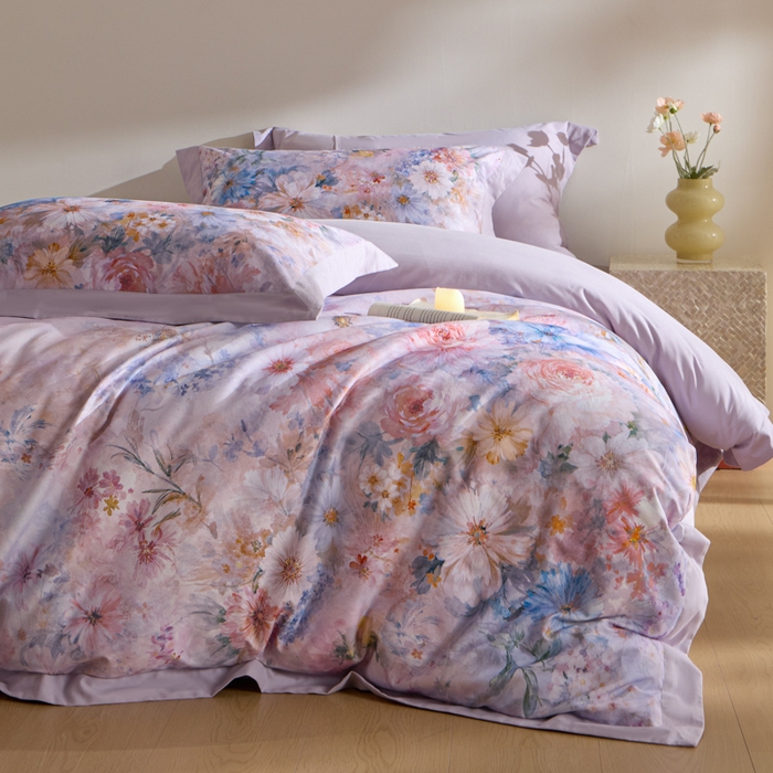 禾时 2025新款全棉纯棉贡缎数码50双股长绒棉磨毛四件套（带高档礼盒） 花开半夏（紫）