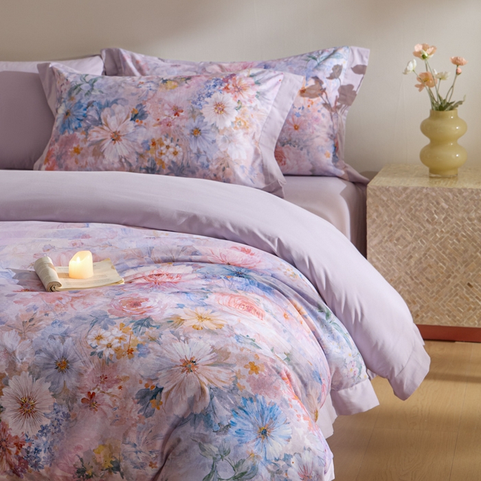 91家纺网 家纺一手货源 找家纺 禾时 2025新款全棉纯棉贡缎数码50双股长绒棉磨毛四件套（带高档礼盒） 花开半夏（紫）