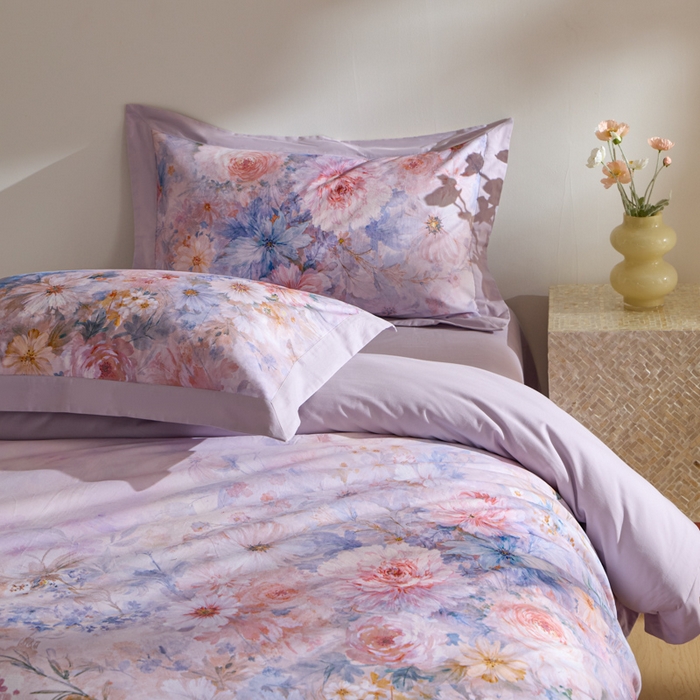 91家纺网 家纺一手货源 找家纺 禾时 2025新款全棉纯棉贡缎数码50双股长绒棉磨毛四件套（带高档礼盒） 花开半夏（紫）