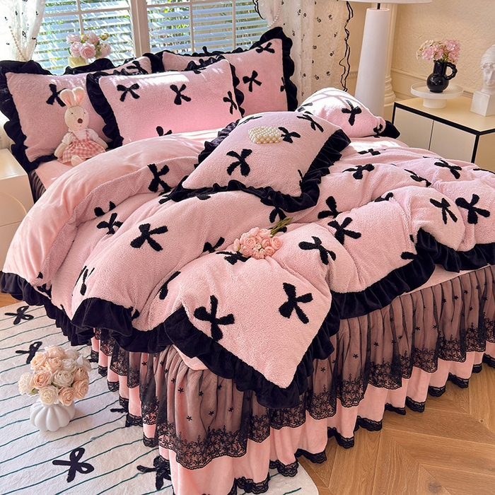 唐人居 2025新款高克重阳离子绒花边雕花套件 蝴蝶结-粉色