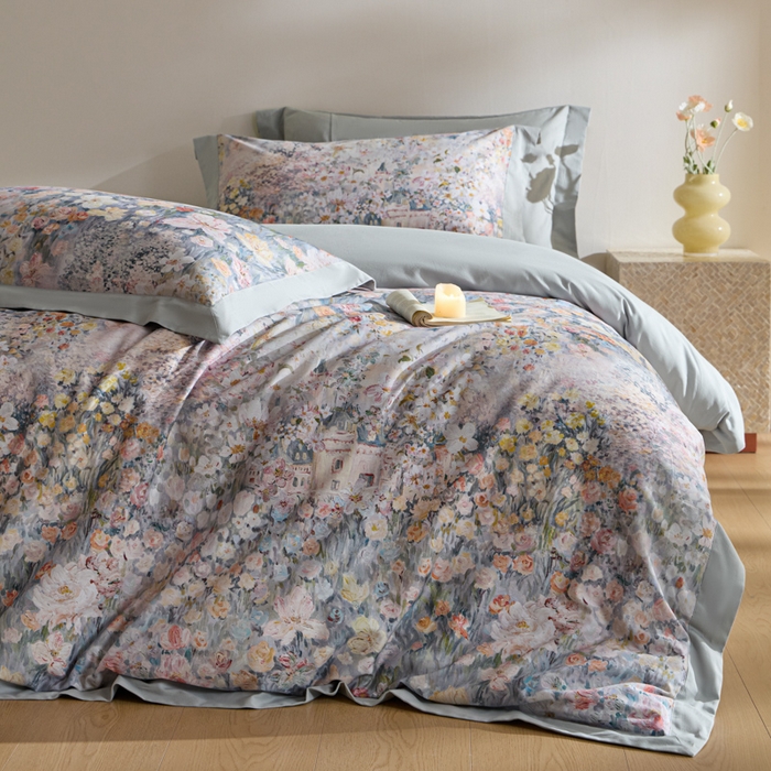 禾时 2025新款全棉纯棉贡缎数码50双股长绒棉磨毛四件套（带高档礼盒） 花香四溢