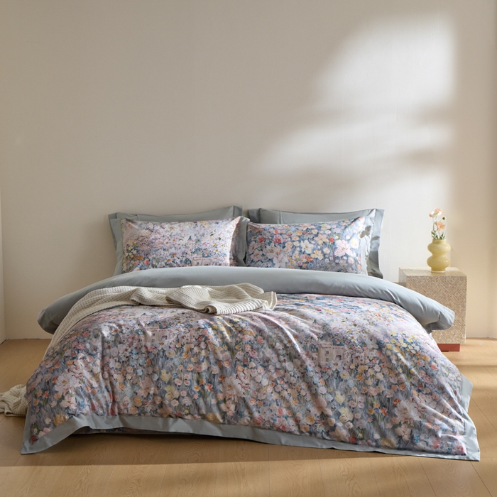 91家纺网 家纺一手货源 找家纺 禾时 2025新款全棉纯棉贡缎数码50双股长绒棉磨毛四件套（带高档礼盒） 花香四溢