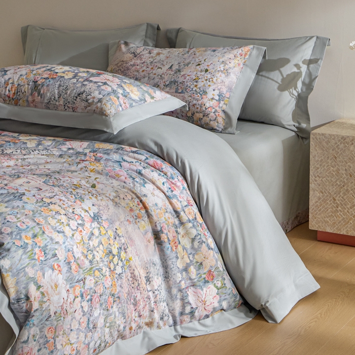 91家纺网 家纺一手货源 找家纺 禾时 2025新款全棉纯棉贡缎数码50双股长绒棉磨毛四件套（带高档礼盒） 花香四溢