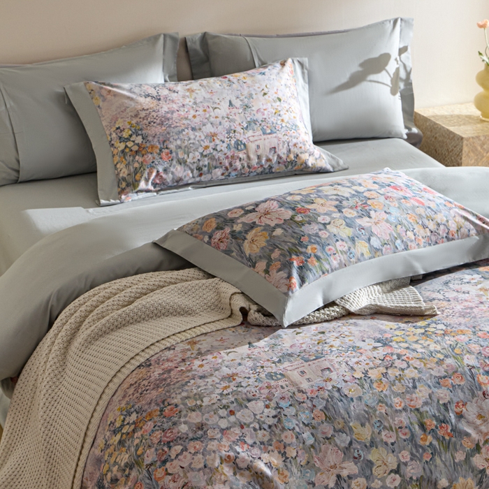 91家纺网 家纺一手货源 找家纺 禾时 2025新款全棉纯棉贡缎数码50双股长绒棉磨毛四件套（带高档礼盒） 花香四溢