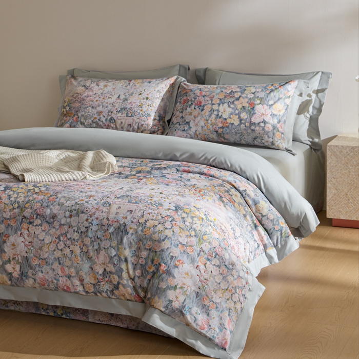 91家纺网 家纺一手货源 找家纺 禾时 2025新款全棉纯棉贡缎数码50双股长绒棉磨毛四件套（带高档礼盒） 花香四溢