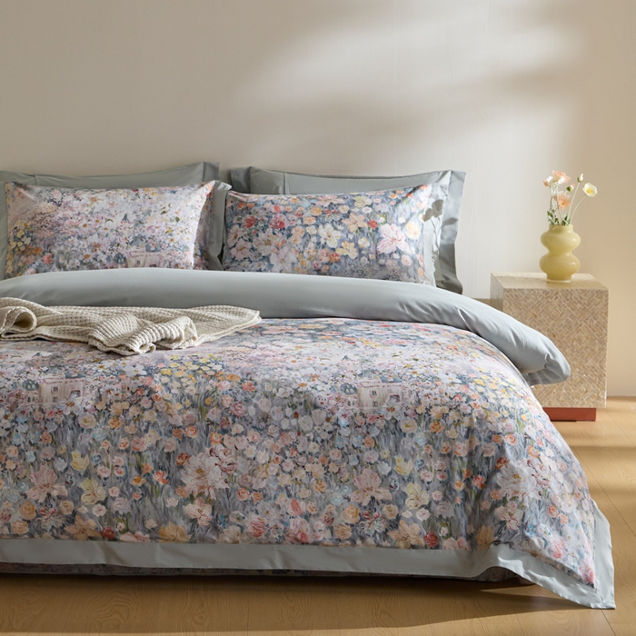 91家纺网 家纺一手货源 找家纺 禾时 2025新款全棉纯棉贡缎数码50双股长绒棉磨毛四件套（带高档礼盒） 花香四溢