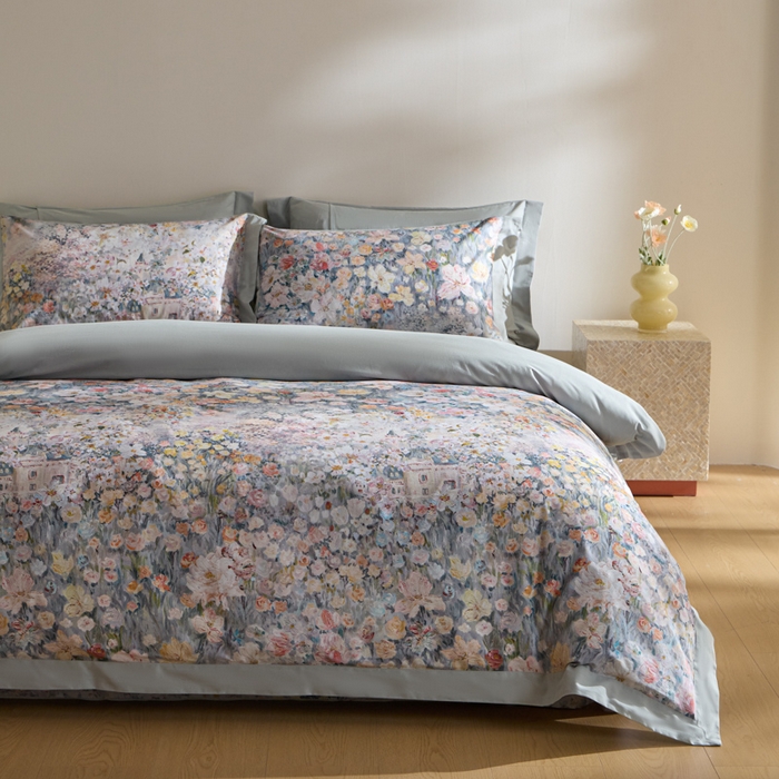 91家纺网 家纺一手货源 找家纺 禾时 2025新款全棉纯棉贡缎数码50双股长绒棉磨毛四件套（带高档礼盒） 花香四溢