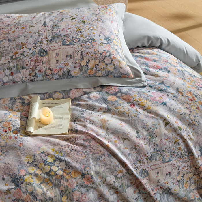 91家纺网 家纺一手货源 找家纺 禾时 2025新款全棉纯棉贡缎数码50双股长绒棉磨毛四件套（带高档礼盒） 花香四溢