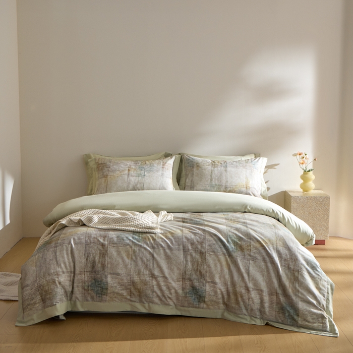 91家纺网 家纺一手货源 找家纺 禾时 2025新款全棉纯棉贡缎数码50双股长绒棉磨毛四件套（带高档礼盒） 简格