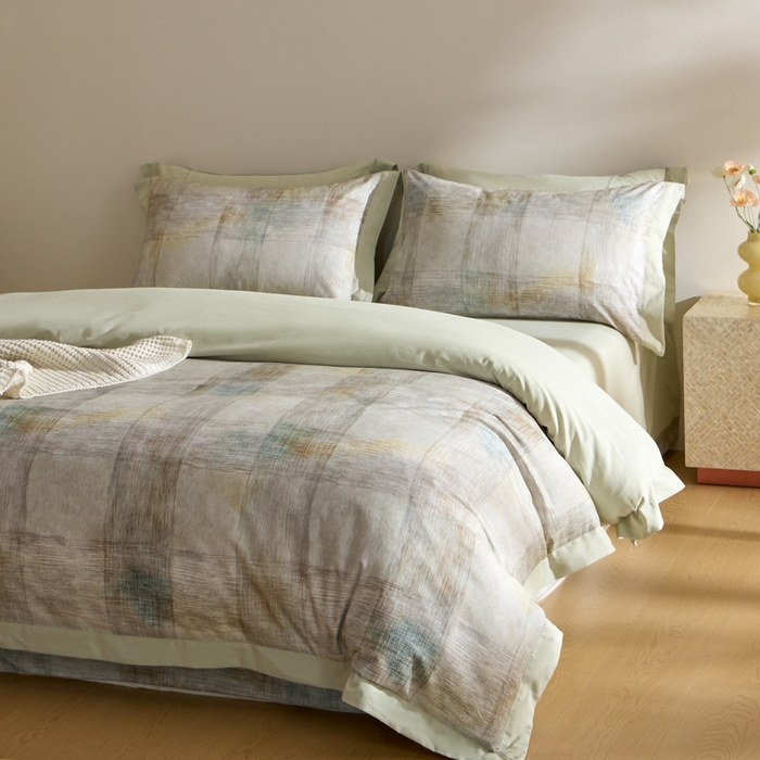 91家纺网 家纺一手货源 找家纺 禾时 2025新款全棉纯棉贡缎数码50双股长绒棉磨毛四件套（带高档礼盒） 简格