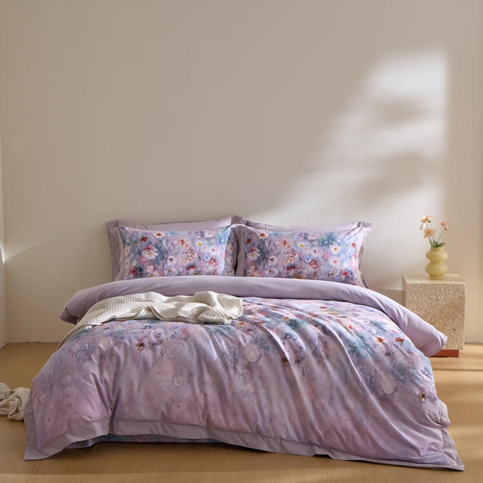 91家纺网 家纺一手货源 找家纺 禾时 2025新款全棉纯棉贡缎数码50双股长绒棉磨毛四件套（带高档礼盒） 锦绣（紫）