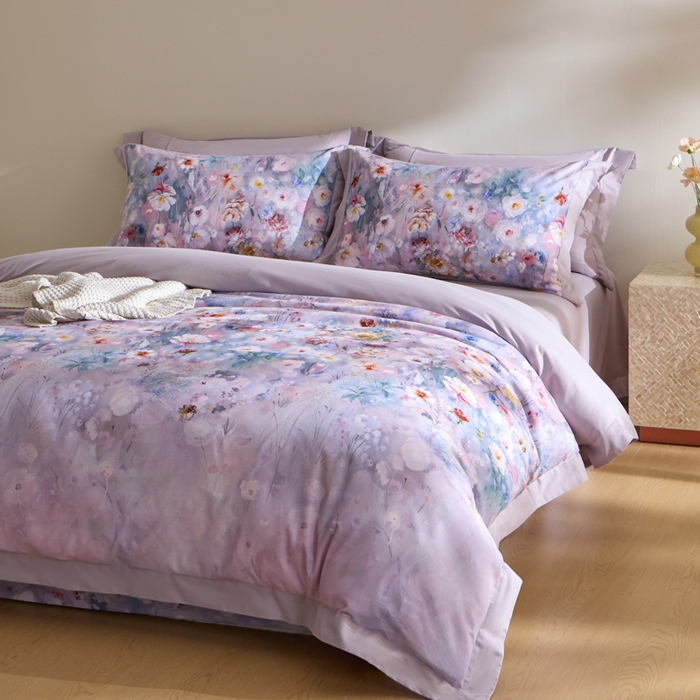 91家纺网 家纺一手货源 找家纺 禾时 2025新款全棉纯棉贡缎数码50双股长绒棉磨毛四件套（带高档礼盒） 锦绣（紫）